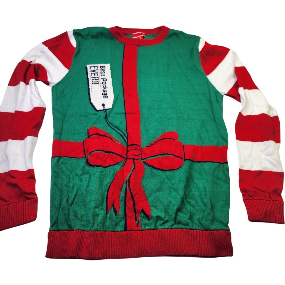 Unbranded Ugly Christmas Sweater Mens Medium Green Red Striped Gift Bow Funny